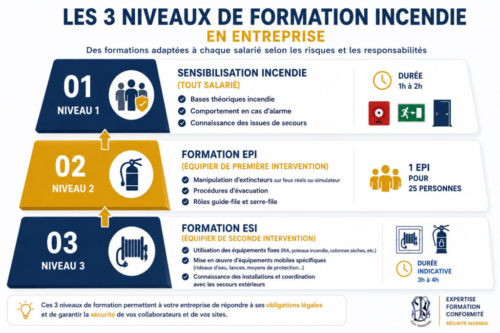  "obligation formation incendie entreprise — niveaux EPI ESI sensibilisation" Les 3 niveaux de formation incendie en entreprise. 